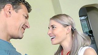 Flexible blonde small Tits Teen Cheerleader talk to Hard Fuck by Step-Dad before massive facial cumshot