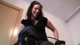 Close up of whore slave licking his mistress boots