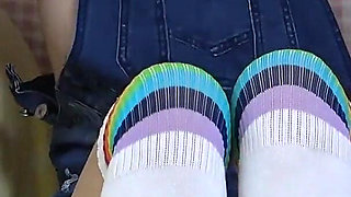 Girls Only Apartment in Japan, No Bra Big Tits Girl's Mini Skirt Overalls and Wedgie Thong Panties Observed From Under the Desk