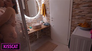 S4e3: Step Mom Teaches Sex and Shares Cum with Step Daughter in Bed with New Step Dad
