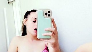 Busty curly brunette with big boobs fucks on couch