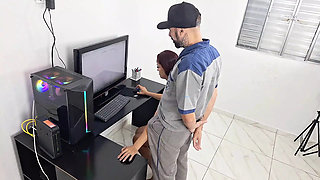 Naughty girl without panties receives maintenance worker at home!