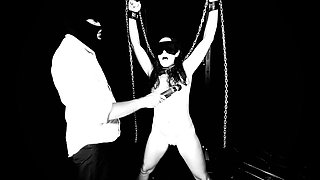 Naked Chained Up Petite Smooth Shaved Sub Slut toyed to loud orgasms blindfold