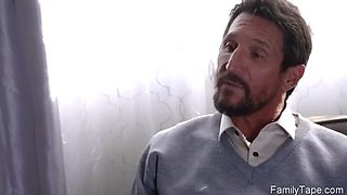 Stepdad fucks teen stepdaughter doggystyle while she licks stepmom's pussy - group sex taboo