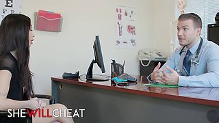 Kimmy Kimm, the naughty Asian babe, begs for a hard dick to slam in her shaved pussy on his desk