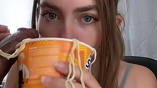 Cup of cock and ramen noodles for a pretty blonde with a gifted mouth