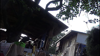 Hot neighbors do not like wearing panties show legs on high heels in barbeque party with pussy oops
