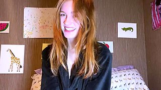 Amateur redhead fully nude on bed and masturbating