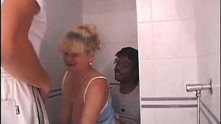 Black and white threesome milf fucking in the toilet