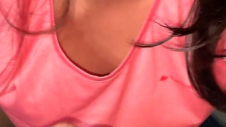 Naughty Brunette with Hard Tits Showing on Her Shirt Giving a Deep Blowjob on a Big Pink Dick