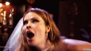 Slutty as hell redhead bride Elly Clutch fucked at the bar stand