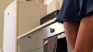 Two Beautiful Horny Tight Hot Sexy Raver Girls in Denim Skirt and Latex Mini Skirt Share the Same Kitchen