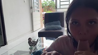 Sexy shy petite latina girl sucks my huge cock working hard with her tongue to please me