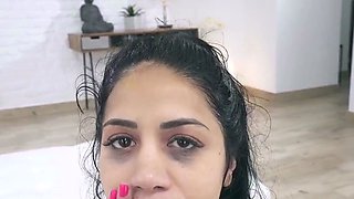 Hot brunette mia bangg gives pov blowjob before threesome