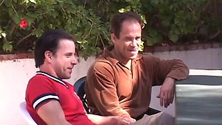 Horny black haired beauty sucks and fucks four men by the pool