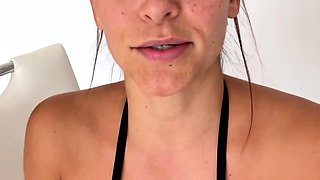 Busty curly brunette with big boobs fucks on couch