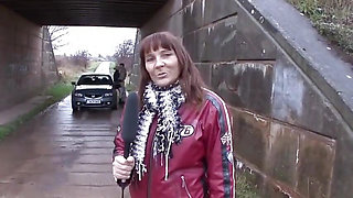 German milf outdoors is interviewed to express the pleasure she is feeling with cock in her pussy