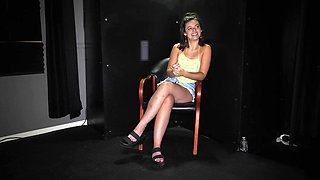 Backstage pass with hot brunette Dharma Jones, feeling her charm in a miniskirt