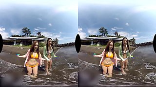 Fun At The Beach Before Threesome At The Onsen; Two Japanese Babes