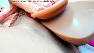 Busty Blonde fucks her pussy with dildo