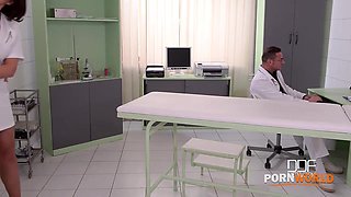 Voluptuous nurse Anna Polina gets big tits & tight ass fucked by two studs