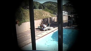 Three Young Lesbian Girls Masturbate with Double Dildo in the Pool