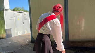 Hot girl wearing russian highschool uniform gets penetrated with a bottle of Baltika beer and then fucked in her tight ass