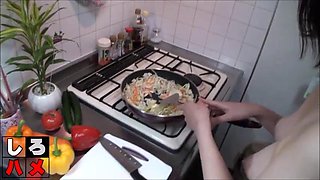Japanese hairy wife with nice tits in kitchen: Blowjob, Babe  Asian Porn