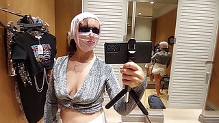 Inexperienced wife gets naughty in the dressing room - Latina milf with hairy pussy, huge boobs, and big ass