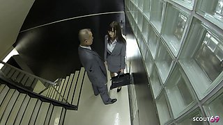 Old Boss Seduce Japanese Teen Secretary to Quick Blowjob at Stairwell in Uncensored JAV