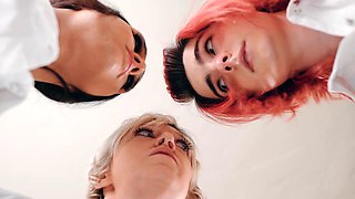 Trans babes take turns riding big cock