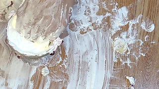 Playing with a whipped cream fruit bowl with my feet