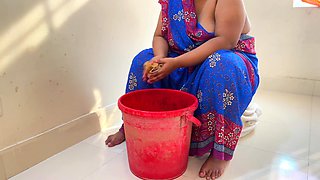 While the Desi Stepmom Washes Bra & Panties, Stepmom Took off the Stepson's Pants and Naked Him, Then Asks Him to Fuck Her - Cum