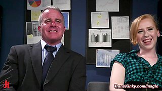 Blonde trans anal fucks bound boss in hairy ass