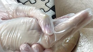 Unusual handjob from nurse in nylon gloves