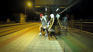 Really Risky Sex at a Bus Stop with a Young Stepsis That Ends with an Orgasm and a Cumshot