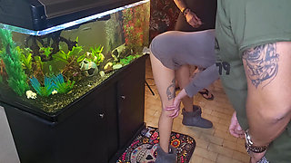 Wife fucking dildo while two guys cum and jizz on her dildo  cum for lube