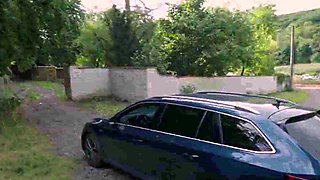 Horny young blonde bitch riding grandpas old cock outdoors
