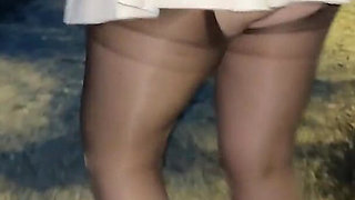 Remote Controlled Sex Toy in Under a Sexy Leather Miniskirt Submissive Collar and Pretty Stockings