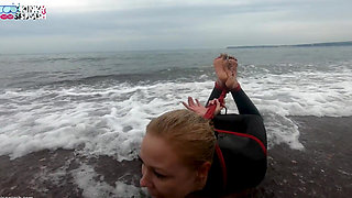 Hogtied in a Wetsuit - Rope Bondage Escape Challenge on the Beach