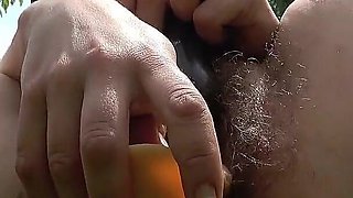 Farmer's Hairy Wife Masturbates Outside