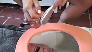 Toilet trash for pedicures and spit!  Madame Carla degrades her old slave as a pedicure slave and spittoon!