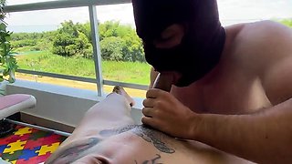 Amateur with Glasses Outdoor Blowjob Facial