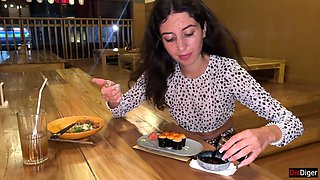 I Cum on a Girl's Face in Public Sushi Bar and She Eats Rolls with Cum on Her Face - Cumwalk