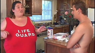 Horny fat lifeguard has hardcore fetish fuck in the kitchen