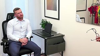 Curvy girl lets her boss creampie her in his office