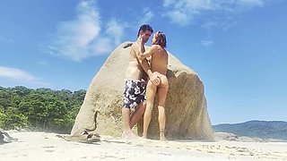 Skinny Brunette Magia Rosa Hides on Rio Beach for Outdoor Blowjob & Sex with Huge Cock