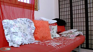 A Gorgeous Young Blonde French Girl in Pink Panties Offers Me Her Big Pussy on the Sofa