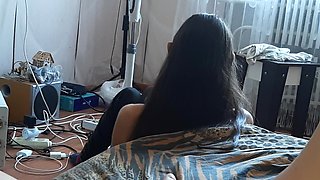 My Stepsister Sits Near the Fan and Reads a Book, and I Jerk off My Big Clit Behind Her Back - Lesbian Illusion