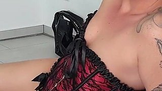 Orgasm on the Fuck Machine in a Red Corset